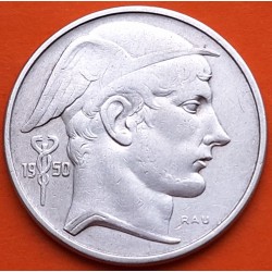 BELGICA 50 FRANCOS 1950 BUSTO DE MERCURIO y LEON Leyenda BELGIE KM.136 MONEDA DE PLATA MBC Belgium
