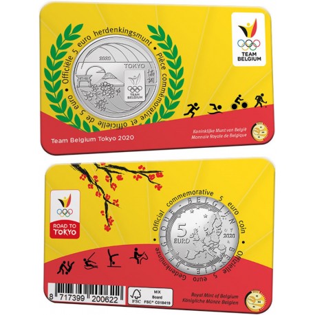 .@Tirada 6,250@ BELGICA 5 EUROS 2020 OLIMPIADA DE TOKIO MONEDA DE NICKEL SC Belgium Coincard