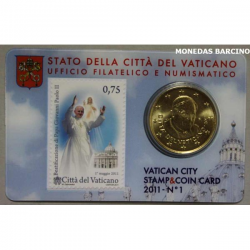 . VATICANO 50 CENTIMOS 2011 PAPA BENEDICTO XVI CON SELLO DE 0,75 @COINCARD Nº 1 @LA PIETA MONEDA DE LATÓN SC
