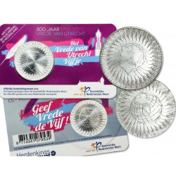 HOLANDA 5 EUROS 2013 TRATADO DE UTRECHT y ORLA - 300 ANIV. VIJFIE MONEDA DE NICKEL BAÑO DE PLATA SC COINCARD