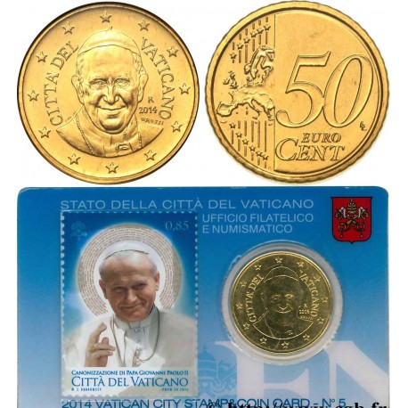 @OFERTA@ VATICANO 50 CENTIMOS 2014 PAPA BENEDICTO COINCARD Nº5 CON SELLO de JUAN PABLO II & STAMP