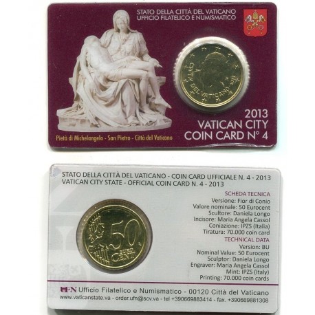 @OFERTA@ VATICANO 50 CENTIMOS 2013 PAPA BENEDICTO XVI COINCARD nº 4 LA PIETA MONEDA DE LATON SC @NO SELLO@