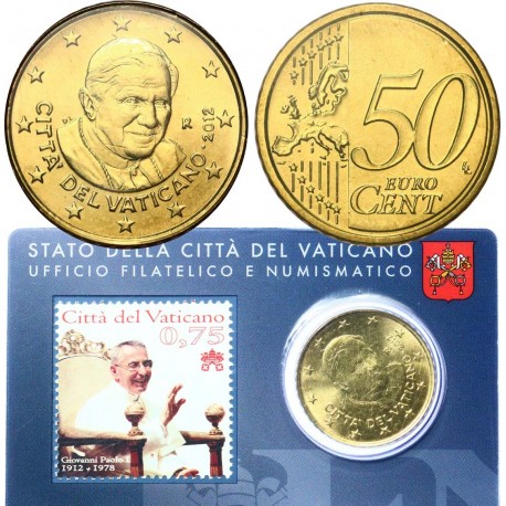 @OFERTA@ VATICANO 50 CENTIMOS 2012 PAPA BENEDICTO XVI COINCARD Nº 3 + SELLO de JUAN PABLO I MONEDA DE LATÓN SC