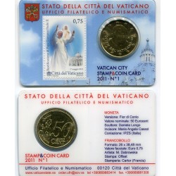 @OFERTA@ VATICANO 50 CENTIMOS 2011 PAPA BENEDICTO XVI COINCARD Nº 1 + SELLO de JUAN PABLO II MONEDA DE LATÓN SC