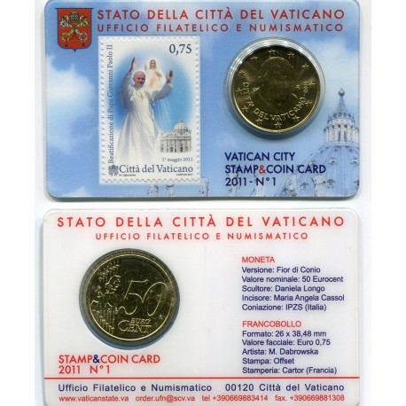 @OFERTA@ VATICANO 50 CENTIMOS 2011 PAPA BENEDICTO XVI COINCARD Nº 1 + SELLO de JUAN PABLO II MONEDA DE LATÓN SC