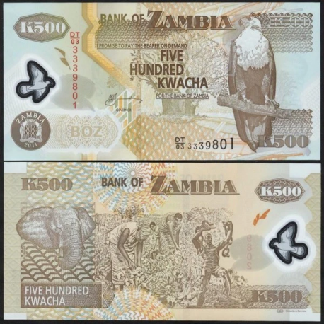 @PLÁSTICO@ ZAMBIA 500 KWACHA 2011 AGUILA y RECOLECCIÓN ALGODON Pick 43H BILLETE SC Africa UNC BANKNOTE POLYMER