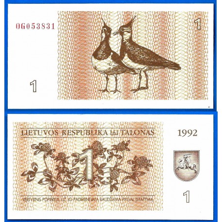 1º BILLETE TRAS EL RUBLO x LITUANIA 1 TALONAS 1992 AVES Pick 39 BILLETE SC Lithuania UNC BANKNOTE EX REPUBLICA URSS CCCP