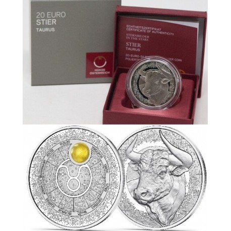 . @ENVÍO HOY@ AUSTRIA 20 EUROS 2026 TAURO Serie Constelaciones 2ª MONEDA DE PLATA + AMBAR Estuche