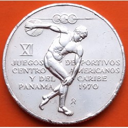 . 1,06 ONZAS de PLATA PURA x PANAMA 5 BALBOAS 1970 DISCOBOLO XI JUEGOS CENTROAMERICANOS KM.28 MONEDA DE PLATA MUY CIRCULADA R/3