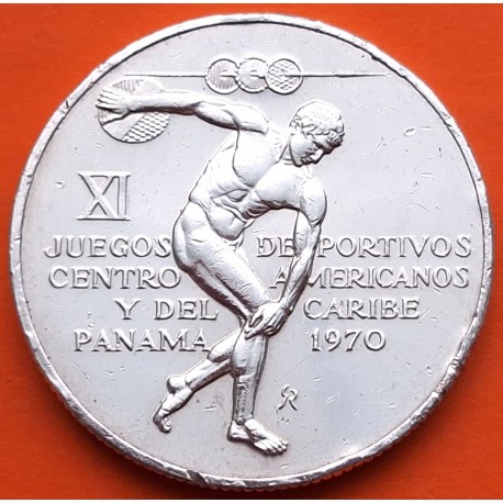 . 1,06 ONZAS de PLATA PURA x PANAMA 5 BALBOAS 1970 DISCOBOLO XI JUEGOS CENTROAMERICANOS KM.28 MONEDA DE PLATA MUY CIRCULADA R/3