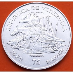 VENEZUELA 75 BOLIVARES 1980 ANTONIO JOSE DE SUCRE BURRO y ARADO MICHELENA KM.55 MONEDA DE PLATA EBC + LIMPIADA silver coin R/1