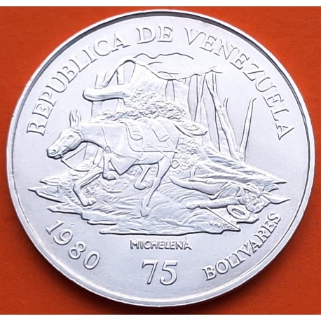 VENEZUELA 75 BOLIVARES 1980 ANTONIO JOSE DE SUCRE BURRO y ARADO MICHELENA KM.55 MONEDA DE PLATA EBC + LIMPIADA silver coin R/1