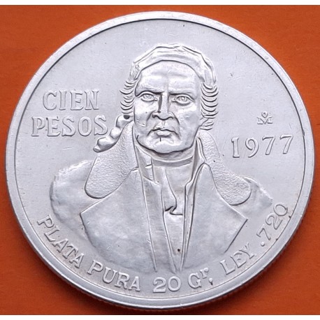 MEXICO 100 PESOS 1977 JOSE MORELOS KM.483.2 MONEDA DE PLATA EBC + IMPERFECCIONES Mejico silver coin R/2