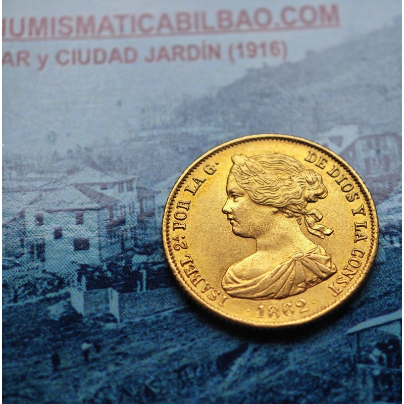. @PRECIOSA - ÚLTIMO AÑO ACUÑADO@ ESPAÑA ISABEL II 100 REALES 1862 Ceca de SEVILLA MONEDA DE ORO KM.605.3 Spain gold coin