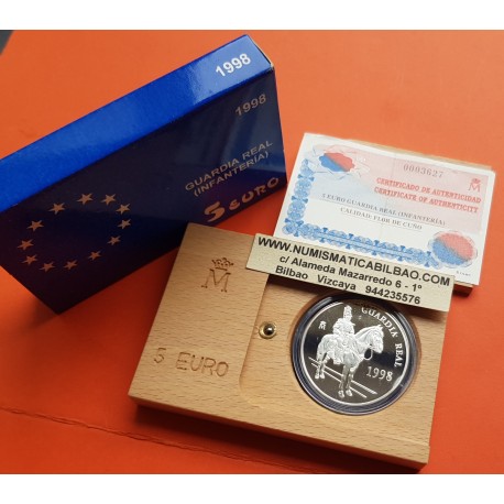 ESPAÑA 5 EUROS 1998 HOMENAJE AL EJERCITO GUARDIA REAL MONEDA DE PLATA PROOF ESTUCHE y CERTIFICADO FNMT 1 ONZA OZ 5 EURO 1998