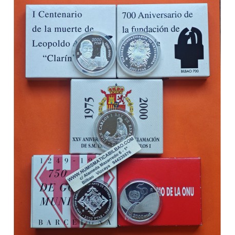 . 5 monedas x ESPAÑA 2000 PESETAS 1995+1999+2000+2001 ONU BARCELONA PROCLAMACION BILBAO CLARIN Estuche 4 ONZAS PLATA PURA