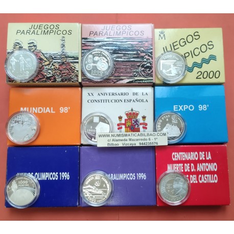 . 9 monedas x ESPAÑA 1000 PESETAS 1995+1996+1997+1998+1999+2000 PLATA ESTUCHE CERTIFICADO FNMT Serie completa