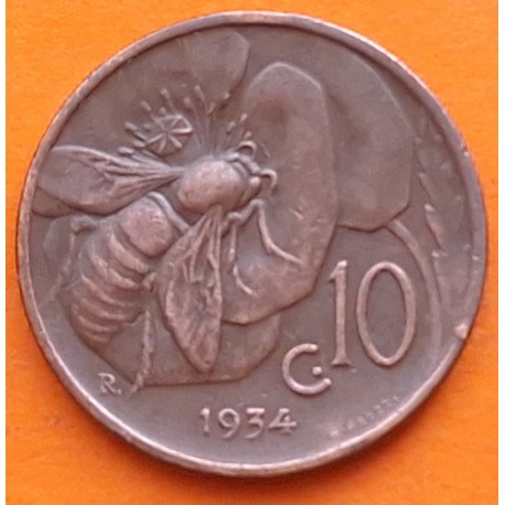 ITALIA 10 CENTIMOS 1934 Año XIV REY VITTORIO EMANUELE III KM.74 MONEDA DE COBRE MBC Italy copper