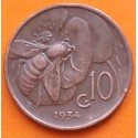 ITALIA 10 CENTIMOS 1934 Año XIV REY VITTORIO EMANUELE III KM.74 MONEDA DE COBRE MBC Italy copper