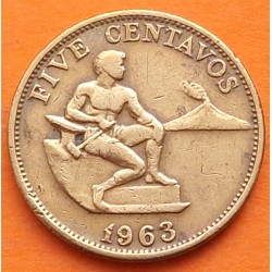 FILIPINAS 5 CENTAVOS 1963 ABORIGEN y VOLCAN KM.187 MONEDA DE LATON MBC- Philippines
