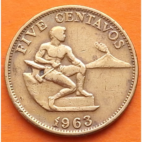 FILIPINAS 5 CENTAVOS 1963 ABORIGEN y VOLCAN KM.187 MONEDA DE LATON MBC- Philippines