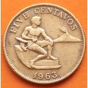 FILIPINAS 5 CENTAVOS 1963 ABORIGEN y VOLCAN KM.187 MONEDA DE LATON MBC- Philippines