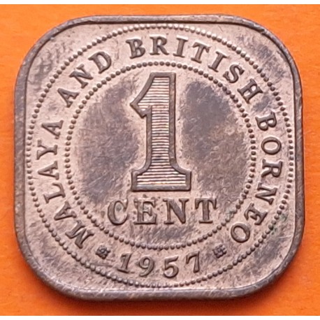 MALASIA y BORNEO BRITANICO 1 CENTIMO 1957 ISABEL II KM.5 Modulo Pequeño MONEDA DE BRONCE MBC+ Malaya & Bristish Borneo