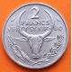 MADAGASCAR 2 FRANCOS 1965 CABEZAS DE BUEY y FLORES KM.9 MONEDA DE ACERO SC- Afrique Union Republique Francaise