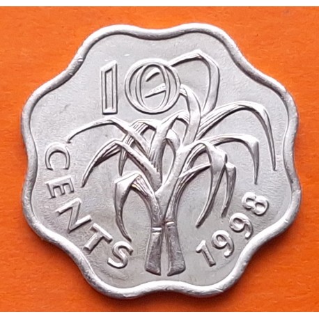 SWAZILANDIA 10 CENTIMOS DE LILANGENI 1998 REY MSWATI III y CAÑA DE AZUCAR KM.49 @FORMA LOBULADA@ MONEDA DE NICKEL SC-