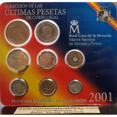 ESPAÑA 2001 CARTERA FNMT SC 1+5+25+100+ 500 PESETAS 2001 (10+50+200 PESETAS 2000 @ULTIMAS PESETAS DE CURSO LEGAL@