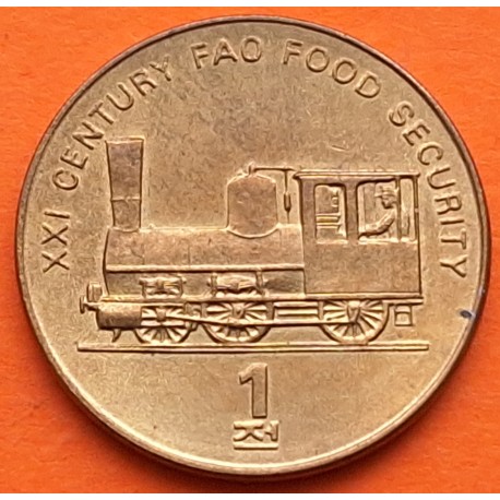 KOREA DEL NORTE 1 WON 2002 ANTIGUA LOCOMOTORA DE TREN KM.195 MONEDA DE LATON EBC/SC North Korea