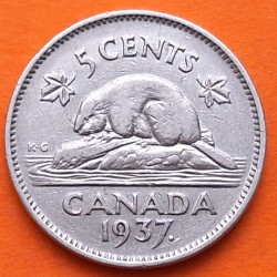 1º AÑO DE EMISIÓN x CANADA 5 CENTAVOS 1937 CASTOR y REY JORGE VI @PUNTO JUNTO A FECHA@ KM.33 MONEDA DE NICKEL MBC+