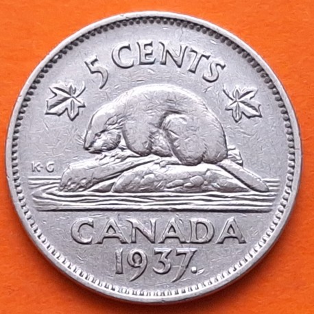 1º AÑO DE EMISIÓN x CANADA 5 CENTAVOS 1937 CASTOR y REY JORGE VI @PUNTO JUNTO A FECHA@ KM.33 MONEDA DE NICKEL MBC+
