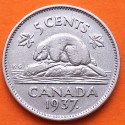 1º AÑO DE EMISIÓN x CANADA 5 CENTAVOS 1937 CASTOR y REY JORGE VI @PUNTO JUNTO A FECHA@ KM.33 MONEDA DE NICKEL MBC+