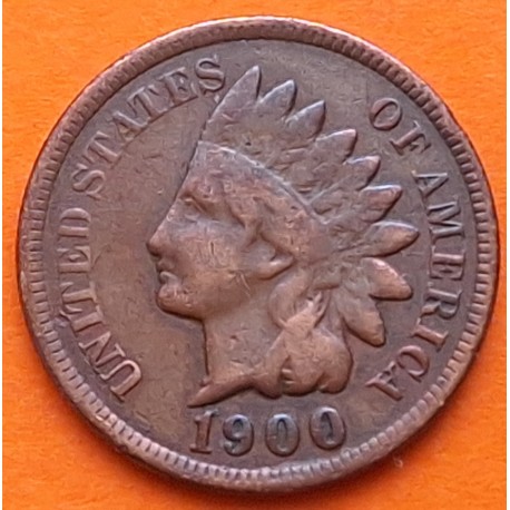 ESTADOS UNIDOS 1 CENTAVO 1900 BUSTO DE INDIO y ESCUDO KM.90A MONEDA DE BRONCE MBC- USA 1 Cent INDIAN HEAD