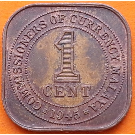 MALASIA 1 CENTIMO 1945 REY JORGE VI ESTRECHOS MALAYOS KM.6 Modulo Pequeño MONEDA DE BRONCE MBC- Malaya Malaysia WWII
