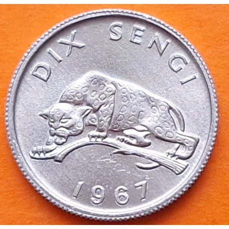 CONGO 10 SENGI 1967 LEOPARDO EN RAMA Kinshasa KM.7 MONEDA DE ALUMINIO SC República Democrática Dix Sengi