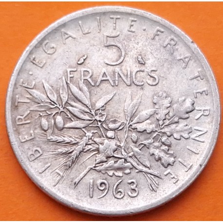 FRANCIA 5 FRANCOS 1963 SEMBRADORA SEMEUSE KM.926 MONEDA DE PLATA MUY CIRCULADA France 5 Francs silver 0,32 ONZAS R/4