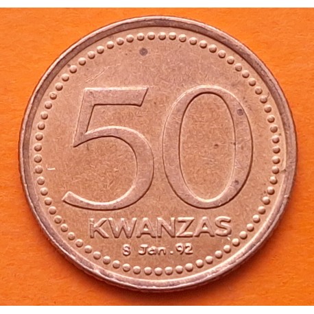 @MUY RARA@ ANGOLA 50 KWANZAS 1992 JAN 8 Edición ANIVERSARIO KM.101 MONEDA DE NICKEL y BAÑO DE COBRE EBC-