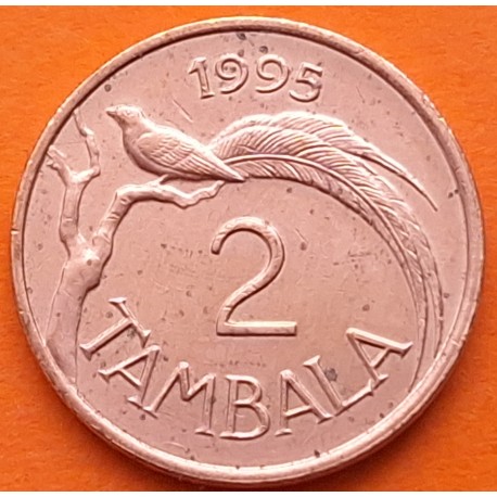 MALAWI 2 TAMBALA 1995 PÁJARO EN RAMA y ESCUDO NACIONAL KM.8 MONEDA DE COBRE EBC- Africa