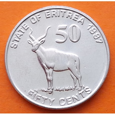 ERITREA 50 CENTIMOS 1991 ANTILOPE y ESCUDO KM.47 MONEDA DE ACERO SC- Africa
