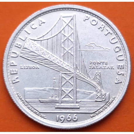 PORTUGAL 20 ESCUDOS 1966 PUENTE SALAZAR y ESCUDO NACIONAL KM.592 MONEDA DE PLATA SC- Silver R/1