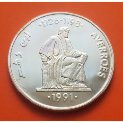 . 1 ONZA de PLATA PURA x ESPAÑA 5 ECU 1991 FILOSOFO AVERROES MONEDA PROOF NO ESTUCHE FNMT 5 ECUS 1991 OZ