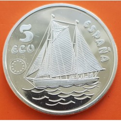 . 1 ONZA de PLATA PURA x ESPAÑA 5 ECU 1993 HOMENAJE A DON JUAN DE BORBON BARCO EL SALTILLO MONEDA PROOF FNMT 5 ECUS 1993 OZ