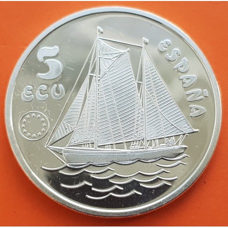 . 1 ONZA de PLATA PURA x ESPAÑA 5 ECU 1993 HOMENAJE A DON JUAN DE BORBON BARCO EL SALTILLO MONEDA PROOF FNMT 5 ECUS 1993 OZ