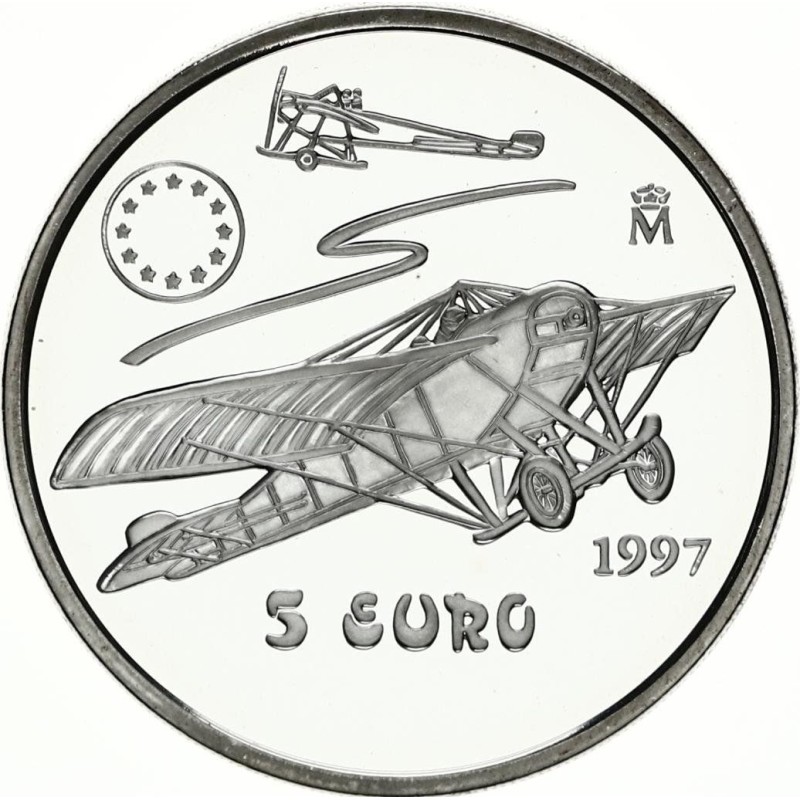 . 1 ONZA x ESPAÑA 5 EUROS 1997 HOMENAJE A LA AVIACION NIEUPORT AVION MONEDA DE PLATA FNMT OZ 33,62 grs Ley 925