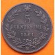 ITALIA 5 CENTESIMI 1861 M Ceca de MILAN Rey VITTORIO EMANUELE KM.3.2 MONEDA COBRE MBC + RAYITAS Italy 5 Centimos