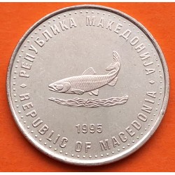 MACEDONIA 2 DENARI 1993 SALMÓN - 50 AÑOS DE LA F.A.O. KM.6.A MONEDA DE LATON SC- North