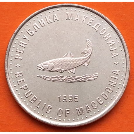 MACEDONIA 2 DENARI 1993 SALMÓN - 50 AÑOS DE LA F.A.O. KM.6.A MONEDA DE LATON SC- North