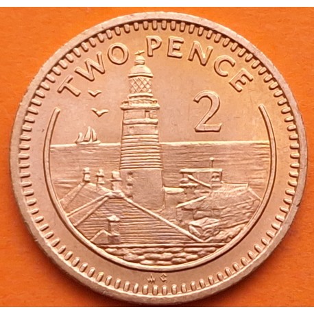 1º AÑO DE EMISIÓN x GIBRALTAR 2 PENIQUES 1988 AC FARO DE PUNTA EUROPA KM.21 MONEDA DE BRONCE SC- 2 Pence